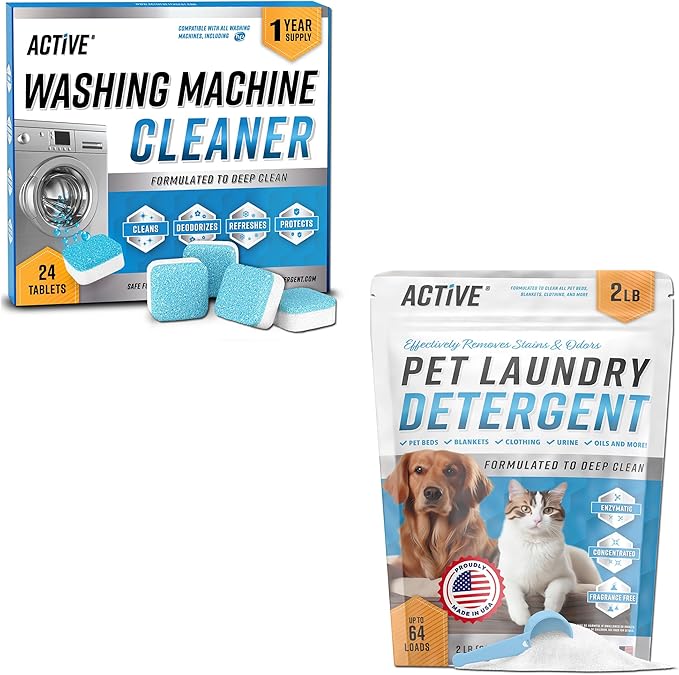 ACTIVE Pet Laundry Detergent and Washing Machine Cleaner Tablets - Includes 2lb Pet Odor Detergent Powder and 24ct Washing Machine Cleaning Tablets