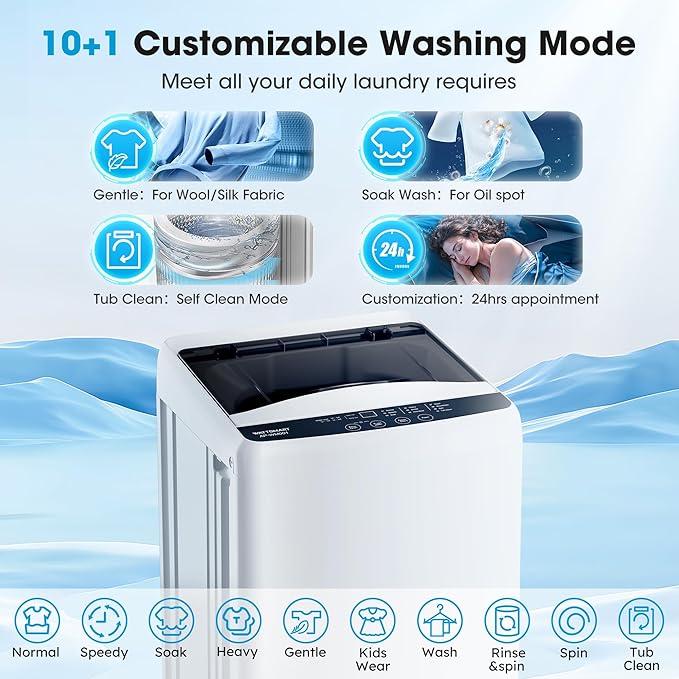 Portable Washing Machine -Compact Home Laundry Washer for Apartment,10 Wash Programs, 6 Water Level, Top Load, Full Automatic, Small Clothes Washer with Drain Pump for Bathroom, Dorms,RVs,White