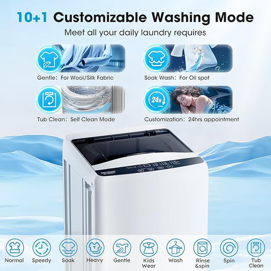 Portable Washing Machine -Compact Home Laundry Washer for Apartment,10 Wash Programs, 6 Water Level, Top Load, Full Automatic, Small Clothes Washer with Drain Pump for Bathroom, Dorms,RVs,White