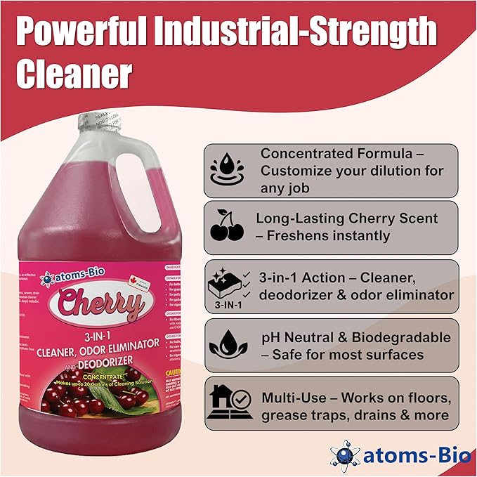 CHERRY Concentrated 3-in-1 Cleaner, Odor Eliminator & Deodorant | Cherry Scent | pH Neutral | Industrial Strength | For Bathrooms, Grease Traps, Surfaces & Pet Odors | 3.87L