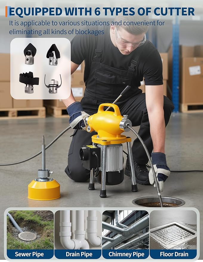 Portable Drain Cleaning Machine, 500w Auto Feed Electric Drain Cleaner Machine Auger Sewer Snake with 66 FT x 5/8" & 16 FT x 3/5" Steel Cables & 6 Cutters for Kitchen Bathroom 1.6"-4" Pipes