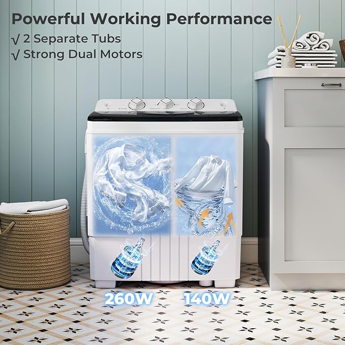 Giantex Portable Washing Machine, 20 LBS Washer & Spinner Combo with Built-in Drain Pump & Time Control, Compact Twin Tub 12 LBS Washing & 8 LBS Spin Drying for Apartment Dorm RV (Black+White)