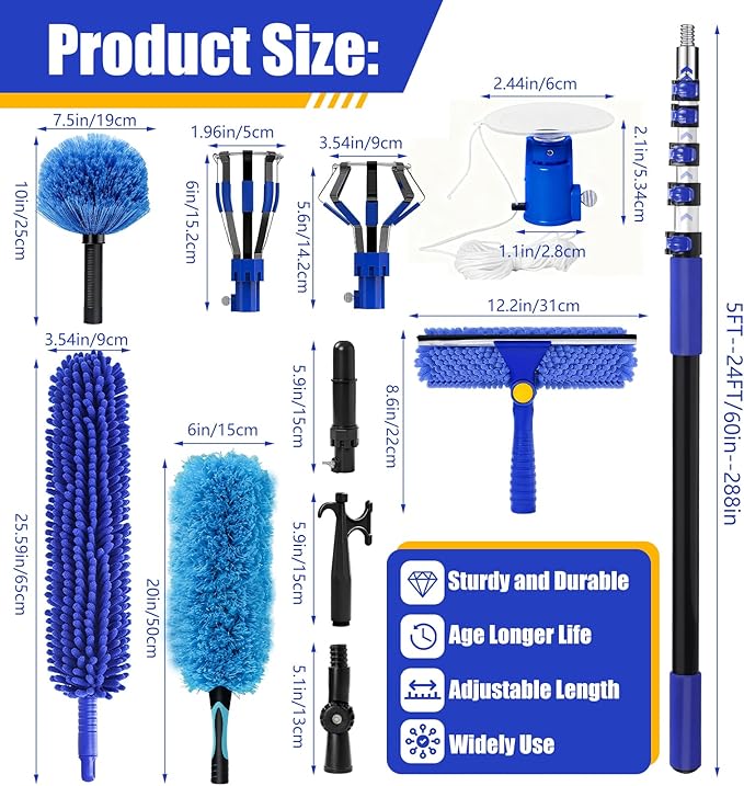 30FT Light Bulb Changer for High Ceilings with 5-24FT Heavy Duty Extension Pole,High Ceiling Ceiling Fan Cleaner Duster Kit for Home & House High Window, Interior Roof Window Cleaning Blue