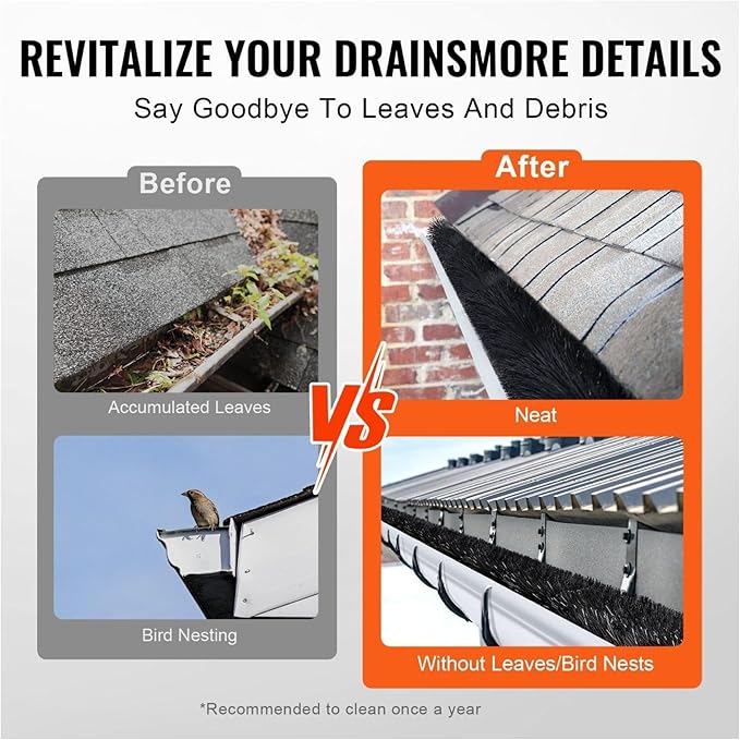 Gutter Brush 60ft, 5.25in Diameter Gutter Cleaning Tools, Gutter Guard for 5-6 Inch Gutters, Leaf Filter, Roof Debris Removal