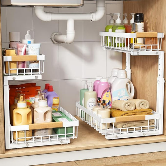 PXRACK Under Sink Organizer, Adjustable Height, 2-Pack 2 Tier Pull Out Under Cabinet Organizer, Slide Out Thickened Metal Under Sink Storage for Kitchen Bathroom Laundry Pantry Cabinet, L, White