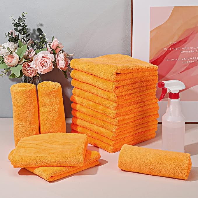 Shimeyao 30 Pcs 16 x 16 Inch Edgeless Microfiber Plush Towels for Cars Detailing Drying Wash Polishing Absorbent Cleaning Cloths, 500 GSM(Orange)