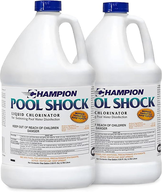 Champion 2-Pack Pool Shock, 12.5 Liquid Chlorinator for Swimming Pools, 1 Gallon Each - Fast-Acting Sodium Hypochlorite Sanitizer, Ready to Use, Non-Staining, Non-Scaling, Commercial Grade