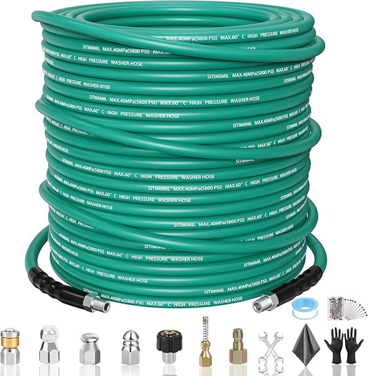 200FT Sewer Jetter Kit for Pressure Washer,1/4‘’NPT Drain Cleaner Hose 5800PSI, with Adapter Corner Rotating Button Nose Sewer Jetting Nozzles Kit Pearl Corsage Pin Spanner Waterproof Tape…