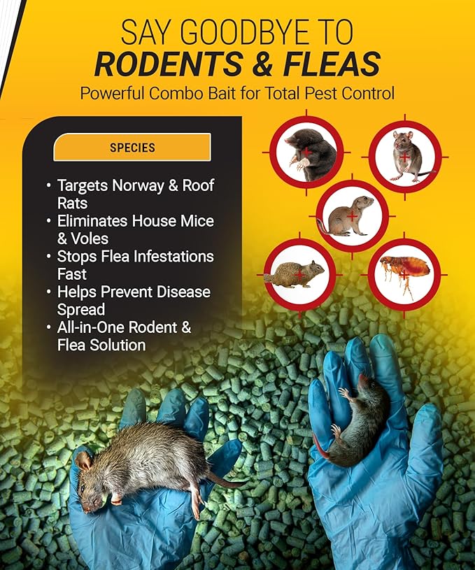 Kaput Combo Bait Pellets, Rat Bait to Kill Rodents & Fleas, Norway, House Mice, & Pine Voles - Includes Warfarin & Imidacloprid for Effective Pest Control (32 x 2oz Place Packs)