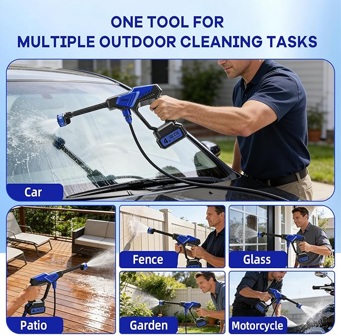 Portable Handheld Cleaning Tool, Lightweight Compact Spray Tool with 6-in-1 Nozzle for Car Patio Window Garden Outdoor Use and Daily Home Maintenance (Black with Tool Box Storage)