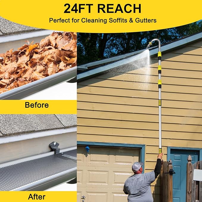 24FT Reach Gutter Cleaning Tools from Ground, Telescopic Rain Gutter Cleaners Tool with Quick Connect Adapter and Heavy Duty Wand for 2nd Story House