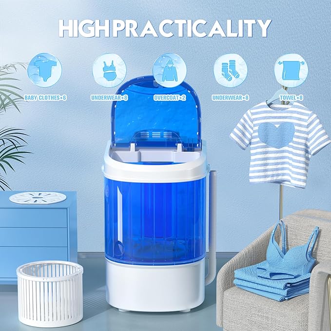 INTERGREAT Portable Washing Machine, 6.6 Lbs Compact Mini Portable Washer, Single Tub Semi-Automatic Laundry Washer Machine for Apartments, Dorms, RV, Traveling, Blue