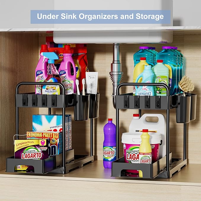 Under Over Sink Organizer and Storage, Under bins for Kitchen and Bathroom Sink Organizers and Storage Cabinet Cleaning Supplies Organizer Shelf Sliding Drawer(2 Packs)