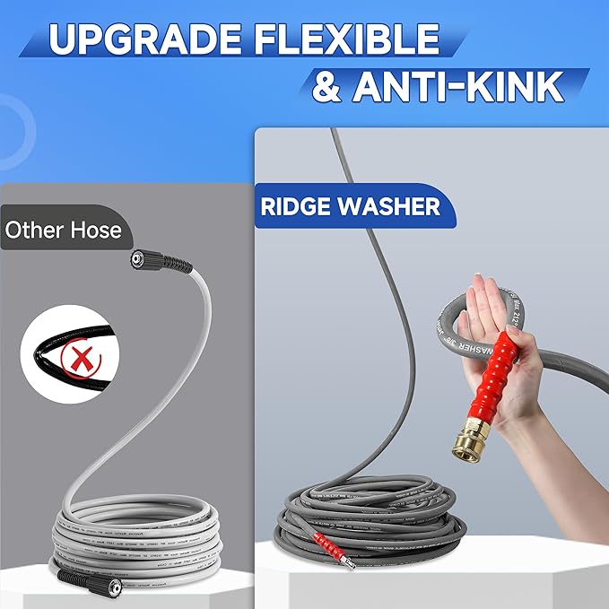 RIDGE WASHER Pressure Washer Hose 100 Feet X 3/8 Inch for Hot and Cold Water, Non Marking Gray Power Washer Hose, M22 14 mm to 3/8 Inch Quick Connect, 4000 PSI