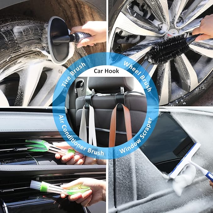 AUTODECO 41Pcs Car Cleaning Wash Kit Interior Detailing Cleaner Kit with High Power Handheld Vacuum, Collapsible Bucket, Windshield Tool, Snow Shovel, Tire Brush, Complete Car Care Tools, Blue
