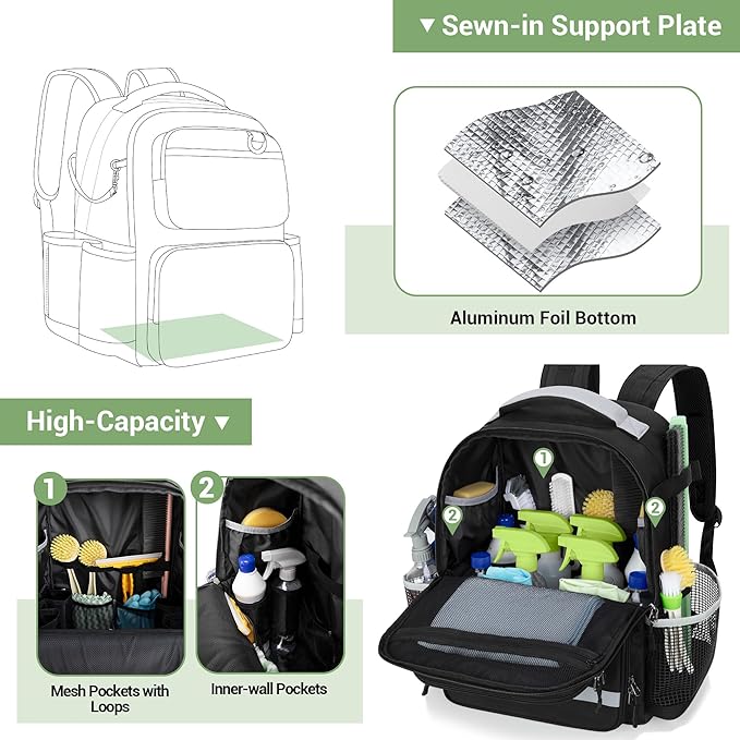 Cleaning Backpack with Bottom Plate & Waterproof Bottom, Large Supplies Bag with Multiple Pockets for Housekeeping Tools, Cleaning Products Caddy Organizer for Home & Car