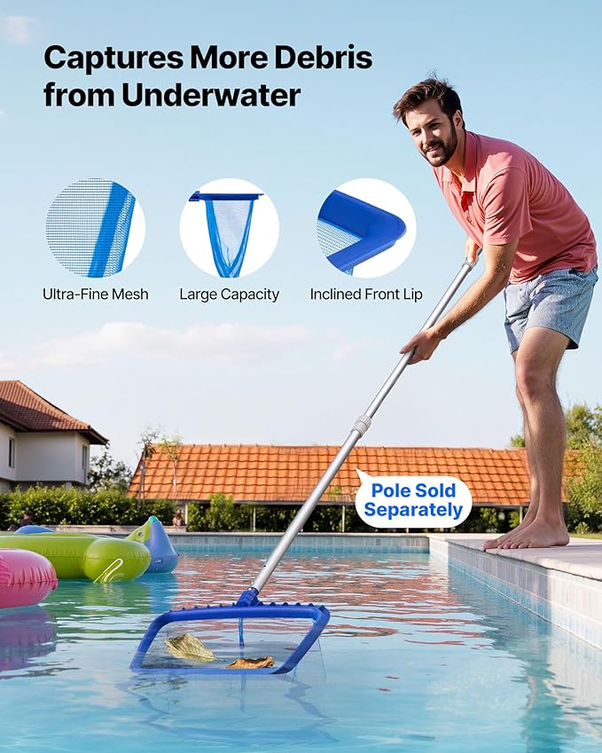 VEVOR Swimming Pool Cleaning Kit, Includes 2 Detachable Brush Heads (20 Inch / 5.5 Inch) and 2 Pool Skimmer Nets, 4-in-1 Inground/Above Ground Pools Cleaning Tools Set for Leaf, Fine Mesh, No Poles