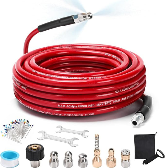 Sewer Jetter Kit for Pressure Washer, 50FT 5800 PSI Drain Cleaner Hose with 1/4" NPT Corner, Rotating and Button Hose Sewer Jetting Nozzle, Waterproof Tape, Pearl Corsage Pin, Spanner, Glove