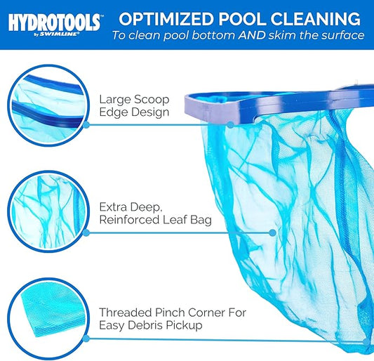 HYDROTOOLS By SWIMLINE 8015 Leaf Net For Inground Above Ground Pool Pond | Extra Large Skimmer Net Cleaning Tool Ultra Fine Deep Mesh Bag | Durable Introductory Plastic Frame | For Debris Bugs Pickup