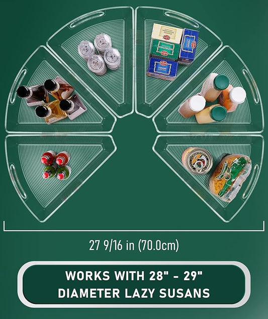 Lazy Susan Cabinet Organizer Bins for 26"/ 28"/ 32" Diameter Corner Organizer, Plastic Cabinet Storage Bin, 1/8 Wedge - Food Safe, BPA Free, with Non-Slip Pads (for 28" Diameter, 6 Pack)