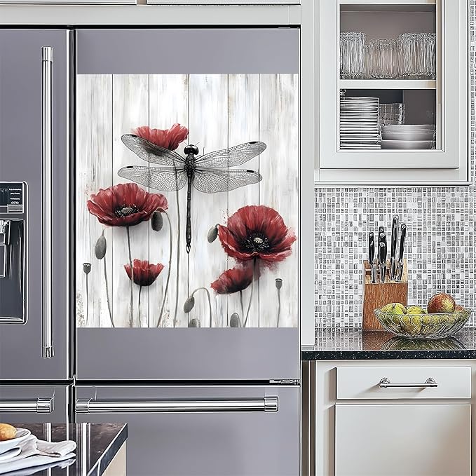 NYZE Dishwasher Magnets Cover, Dishwasher Magnetic Sticker Decorative, 23 x 26 Inch Removable Reusable Magnet Dish Washer Cover Mat for Dishwashers Kitchen Appliances (Red Flower & Dragonfly)