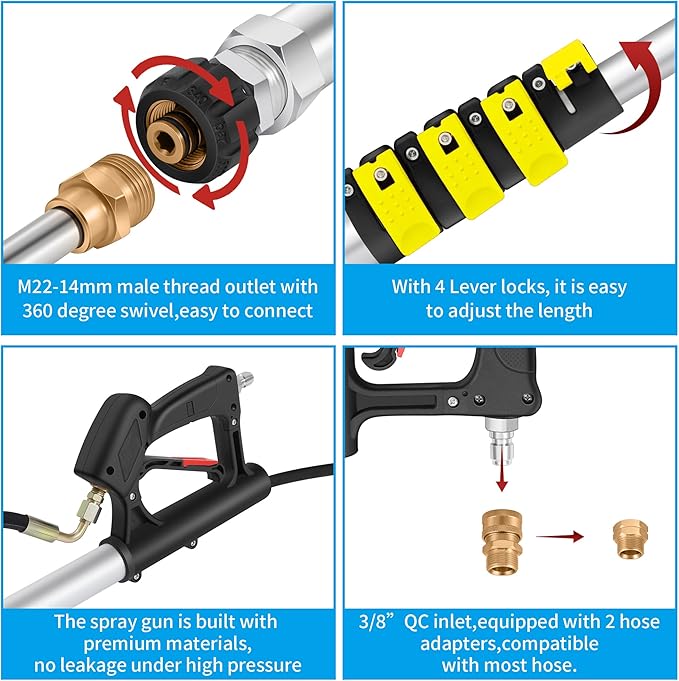 24 FT Telescoping Pressure Washer Wand Extension, Hot Water Supported Power Washer Extension Wand with Brush Head, 5 Nozzle Tips, 2 Adapters, Harness, Gutter Cleaning Tools from The Ground