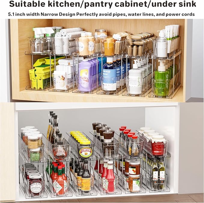 SUOXING 6 Pack Bathroom Under Sink Organizer for Small Spaces,5.1" Narrow 2 Tier Under Cabinet Storage for Cleaning Supplies Organization,Pull Out Kitchen Cupboard Underneath Sink Organizer,Clear