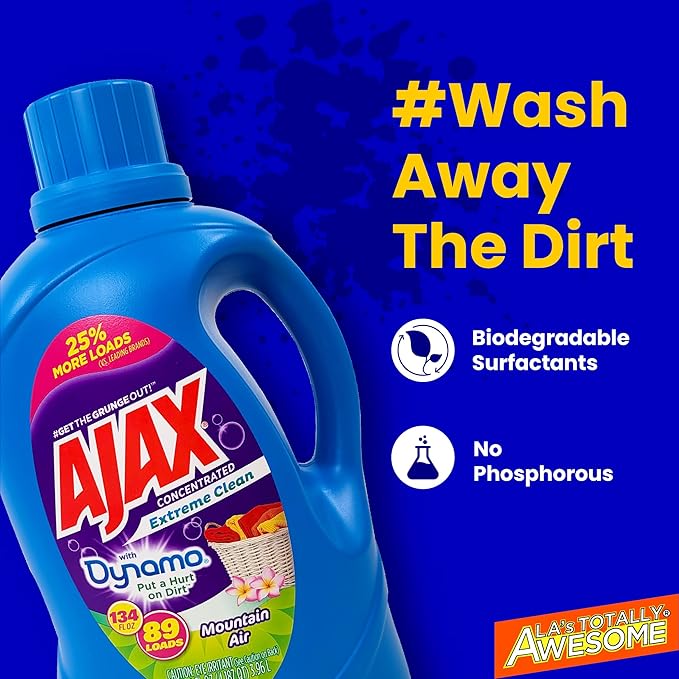 Ajax + Dynamo Mountain Air Laundry Detergent Liquid – Totally Awesome Cleaner with Deep Clean Power, Stain & Odor Remover, HE Compatible, 134oz (Pack of 4), 356 Loads, Fresh Scent
