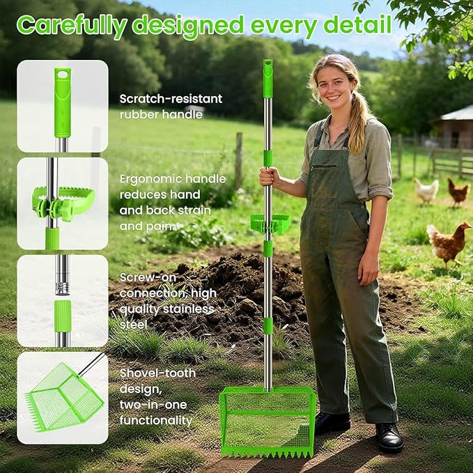 2026 Latest 12inch 2-in-1 Chicken Poop Scooper & Rake with Handle, Heavy-Duty Metal Chicken Coop Scoop for Sand Sifting Shovel Litter Scooper for Farm House Chicken Coop Cleaning Tools Accessories