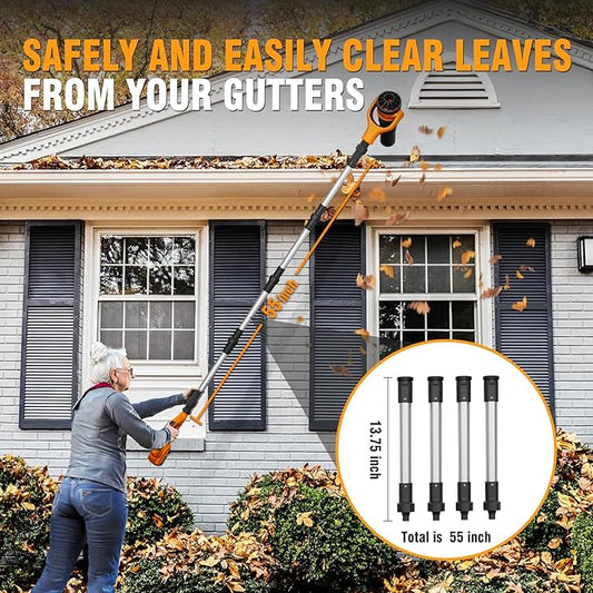 Roof Gutter Cleaning from The Ground, 40V Leaf Blowers Cordless, 580CFM/180MPH with 2 Batteries and Charger, Brushless 2-Speed Motor for Gutter Cleaning Extension Attachment Kit for Garden,House