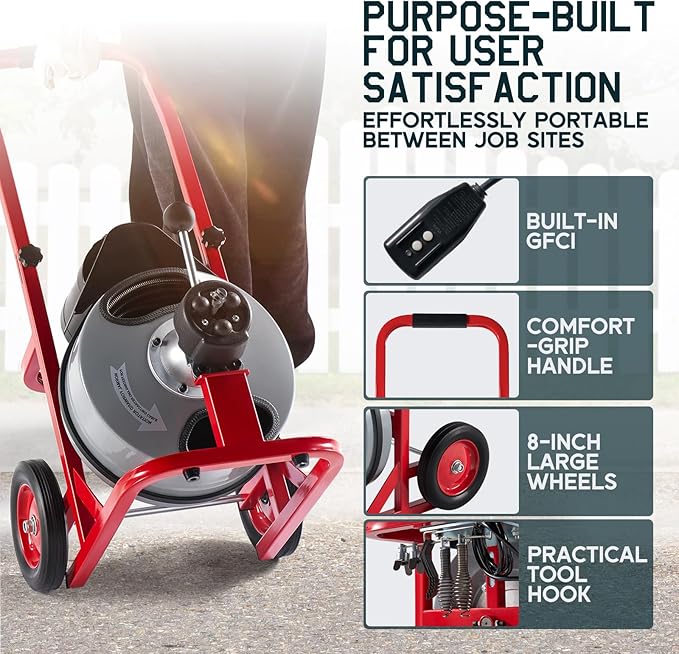 Albott 100 FT x 3/8 inch Electric Drain Cleaner Machine with Auto-Feed & 10 Cutters, Sewer Snake Auger for 1–4 Inch Pipes, Wheels & Foot Switch, Ideal for Home & Commercial Use, Gray/Red