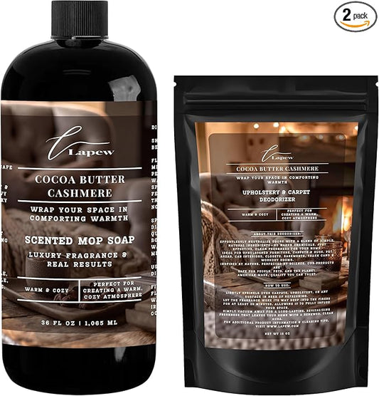 Lapew Cocoa Butter Cashmere Bundle – Carpet Deodorizer Powder & Scented Mop Soap Set – Odor Eliminator for Pet-Friendly Homes