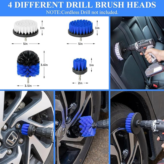 AUTODECO 34Pcs Car Detailing Brush Set, Car Detailing Kit, Auto Detailing Drill Brush Set, Car Detailing Brushes, Car Wash Cleaning Tools Kit for Interior, Exterior, Wheels, Blue