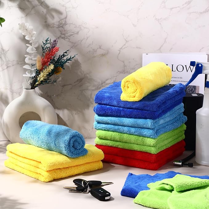 Shimeyao 30 Pcs 16 x 16 Inch Edgeless Microfiber Plush Towels for Cars Detailing Drying Wash Polishing Absorbent Cleaning Cloths, 500 GSM(Multicolor)