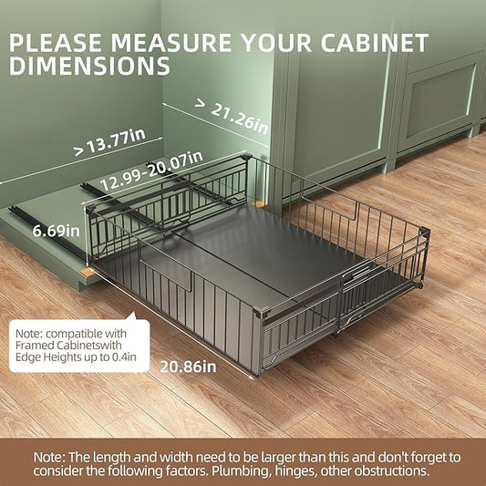NETEL 2 Pack Expandable Pull Out Cabinet Organizer, Raised 6.69" guardrail, Adjustable Width 12.99"-20.07", 20.86" Depth Pull Out Cabinet Organizer, Adhesive Pull Out Drawers for Cabinets, Black