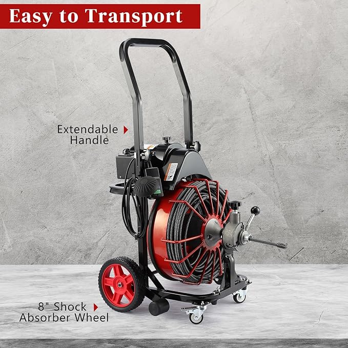 Winado Drain Cleaner Machine 100 FT x 1/2 Inch, 550W Portable Electric Drain Sewer Auger Cleaning Auto Feed with 4 Cutter, Air-activated Foot Switch, Gloves for 1" to 4" Pipes