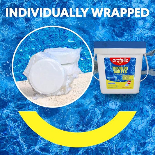 PROFELIZ Chlorine Tablets 3 Inch for Swimming Pools, Kills Bacteria and Stops Algae, Slow Dissolving,Individually Wrapped,Pool Chlorine Tablets, 2-Pack,4 lb per Bucket，8lb Total