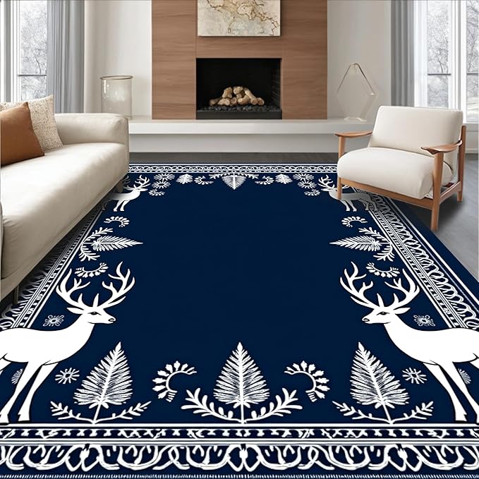 Flatwoven High Traffic Area Rug 3x5, Enchanted Forest December Shower Curtain Full Restroom Kit, Non Slip, Stain Resistant, Washable Area Rugs for Living Room, Bedroom (Blue, 3x5)