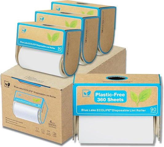 Blue Lake ECOLIFE Plastic-Free Lint Roller – 4-Pack (360 Sheets) | Extra Sticky & Eco-Lint Remover| Ideal for Clothes, Furniture & Carpet(4 Pack-360 Sheets) by BlueLakeECOLIFE