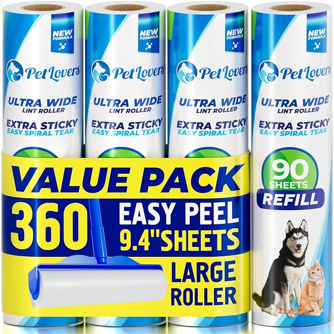 PetLovers Extra Sticky Floor Lint Roller 4 Pack of Refills Only - No Handles Included - 90 Sheets Per Refill 360 Sheets Total by PetLovers