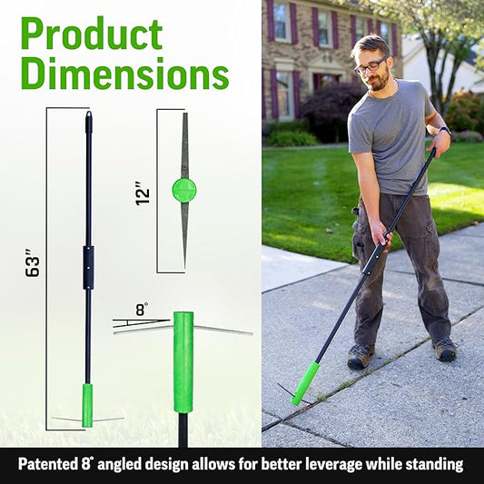 BICRACKIE Stand-Up Crack Weeding Tool with 60" Steel Pole; Steel Blade with 2-Sized, 5" Tapered Ends for Driveways, Patios, Sidewalks, Pavers to Remove Weeds Easily; Made in USA