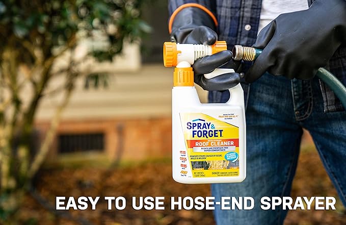 Spray & Forget Super Concentrated Revolutionary Roof Cleaner, 1 Qt. Hose-End Bottle - Cleans Algae, Mold & Mildew Stains, Use on Asphalt, Wood, Slate, Clay & Tile Shingles, Yellow (SF150)
