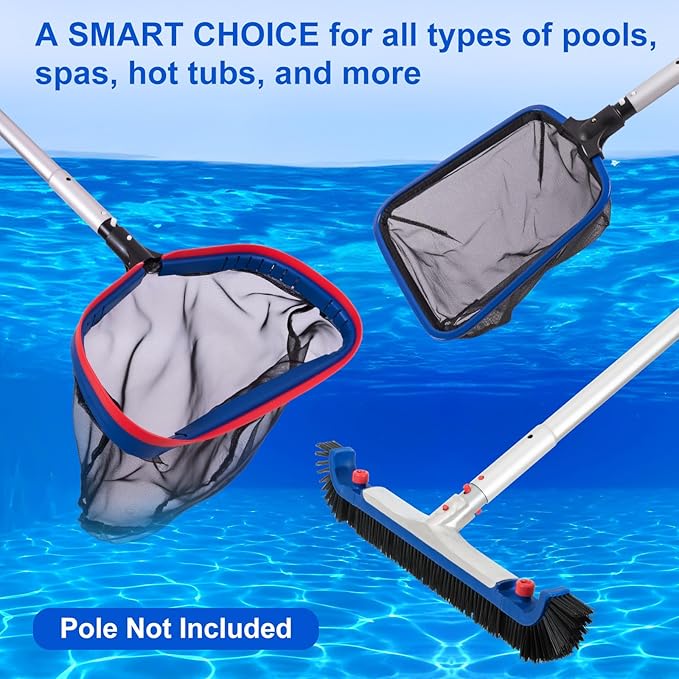 POOLAZA Deluxe Swimming Pool Cleaning Kit Including 20'' Pool Brush Head & Heavy Duty Pool Nets for Cleaning (17.5''Pool Net Skimmer & Semi-deep Ultra Fine Mesh Pool Skimmer Net with Aluminum Frame)