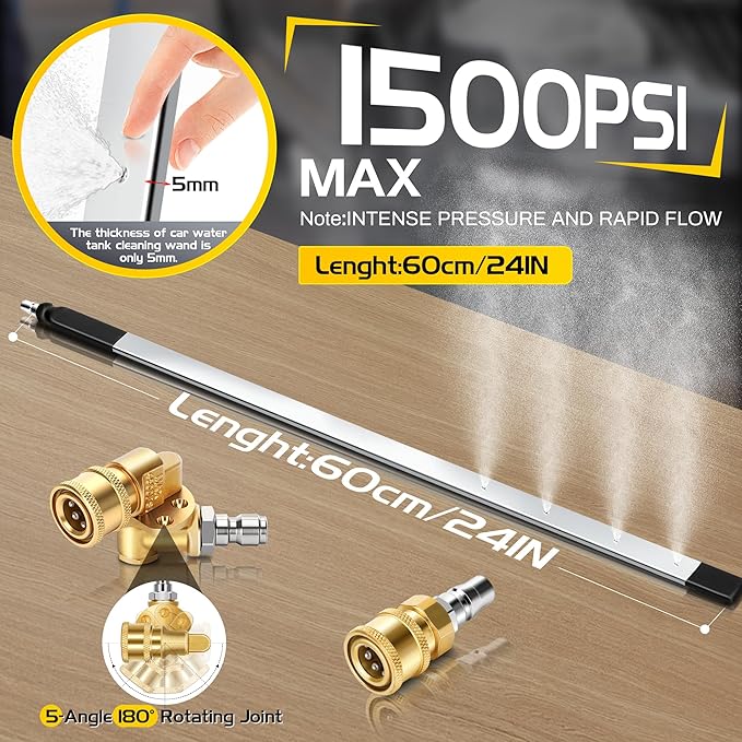 24" Radiator Cleaning Wand Set - 1500PSI Stainless Steel Dual Water/Air Radiator cleaner Cleaner/Pressure Washer Gun Adapter & Tips, Fit for Household Cars, Trucks, RV Radiators