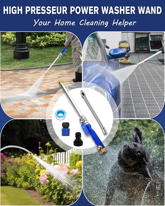 High Pressure Power Washer Wand,Watering Sprayer Cleaning Tool,Upgraded Hydro Jet Water Hose Nozzle with 2 Different Nozzles,Quick Connect FlexibleWand Lance for Gutter Patio Car Pet Window (blue)