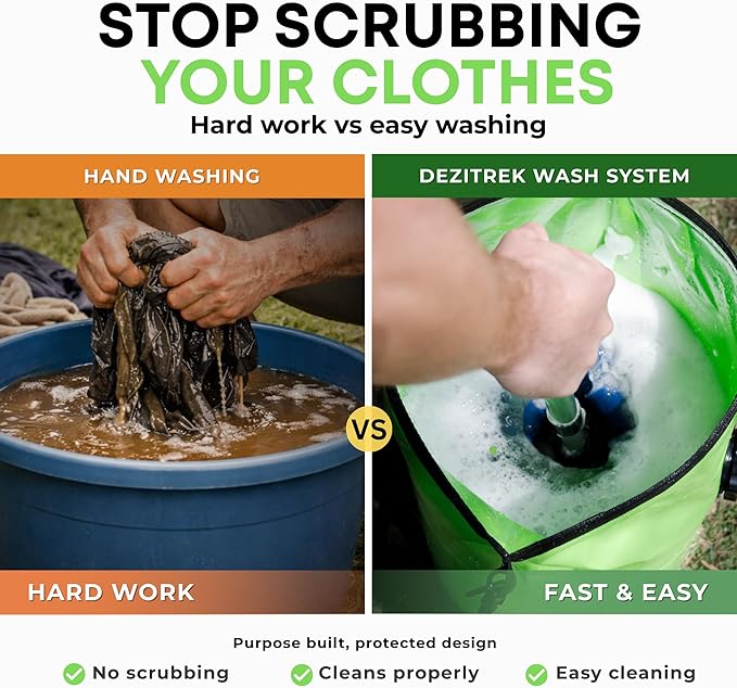 One Hand Wash Bag and Plunger Set - Off Grid Washing Machine Non Electric for Camping Travel | Eco Friendly Portable Manual Clothes