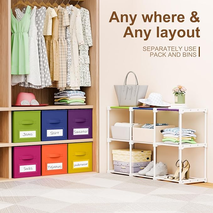 Geelin 6 Sets Cube Storage Organizer Bins with Shelf & Labels 11 Inch, Fabric Collapsible Cubby Toys Clothes Storage Drawer Unit for Daycare Nursery Playroom Bedroom Dorm Organizer (Rainbow)