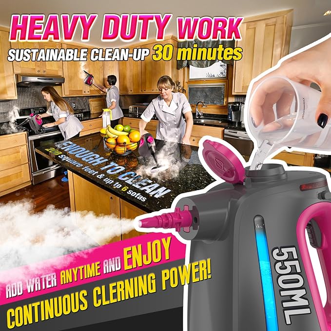 Heavy Duty Handheld Steam Cleaner for Cleaning with Lockable Steam Button&11pcs Accessories, Unlimited Water Addition for Continuous Steaming, Multi-Purpose Steamer for Cleaning Car, Grout (Purple)