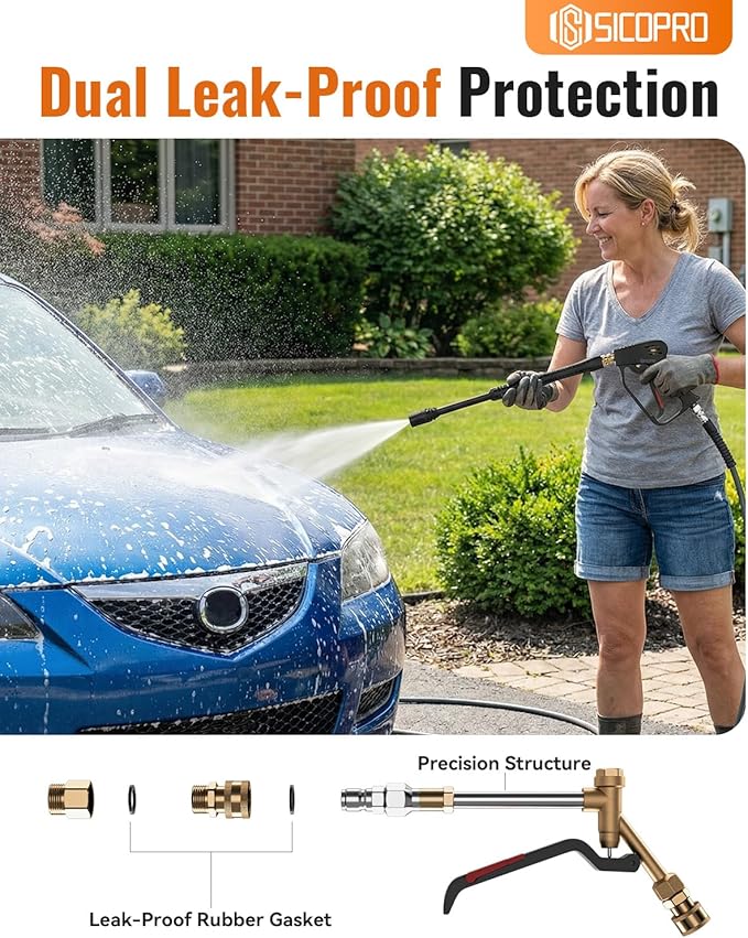 SICOPRO Short Pressure Washer Gun, Power Washer Gun for Car Wash Foam Gun, Stubby Pressure Washer Gun with 3/8" Male Plug And 1/4” Quick Connector Coupler, Anti-Tangle Design