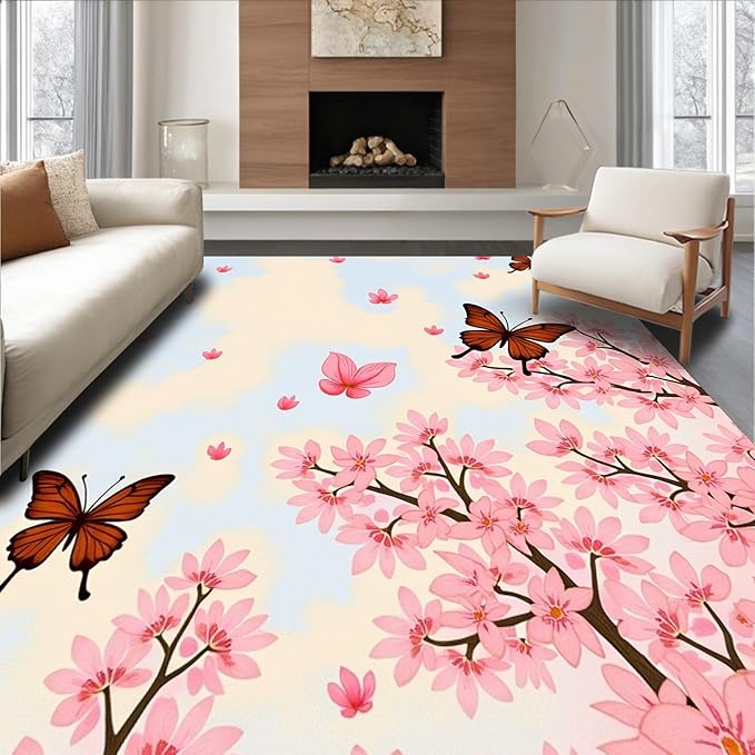 Flatwoven High Traffic Area Rug 6x6, Exquisite Springtime Blossom Shower Curtain Matching Suite, Non Slip, Stain Resistant, Washable Area Rugs for Living Room, Bedroom (Pink, 6x6)